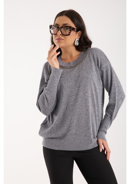 Kadın Gri Viskon Vortex Iplik Taş Detaylı Bisiklet Yaka Simli Triko Bluz