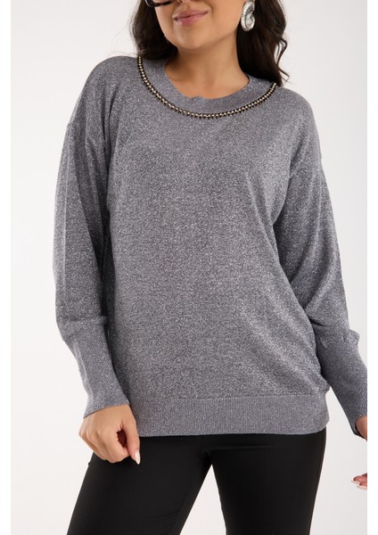 Kadın Gri Viskon Vortex Iplik Taş Detaylı Bisiklet Yaka Simli Triko Bluz modelleri