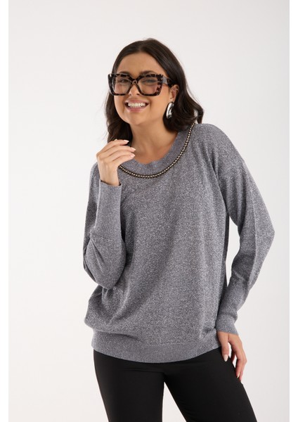 Kadın Gri Viskon Vortex Iplik Taş Detaylı Bisiklet Yaka Simli Triko Bluz fırsatları