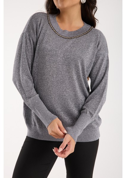 Kadın Gri Viskon Vortex Iplik Taş Detaylı Bisiklet Yaka Simli Triko Bluz
