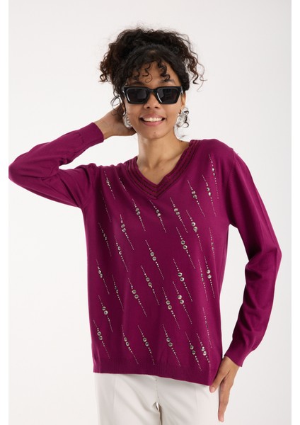 Kadın Mürdüm Elit Viskon Kumaş Taş Detaylı Sim Biyeli Yan Yırtmaçlı V Yaka Triko Bluz