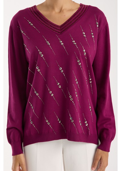 Kadın Mürdüm Elit Viskon Kumaş Taş Detaylı Sim Biyeli Yan Yırtmaçlı V Yaka Triko Bluz modelleri