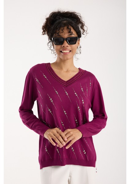 Kadın Mürdüm Elit Viskon Kumaş Taş Detaylı Sim Biyeli Yan Yırtmaçlı V Yaka Triko Bluz fırsatları