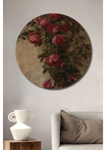 Romantik Gül Bahçesi Yağlı Boya Görünümlü Ahşap Dekoratif Tablo Yuvarlak Tablo