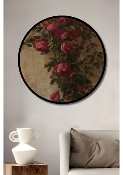Romantik Gül Bahçesi Yağlı Boya Görünümlü Ahşap Dekoratif Tablo Yuvarlak Tablo fiyatları