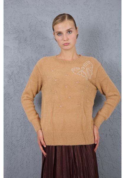 Kadın Bej Sakal Iplik Boncuk Nakışlı Bisiklet Yaka Triko Kazak