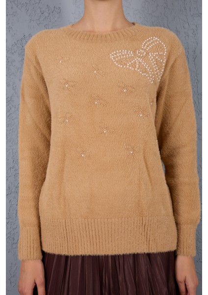 Kadın Bej Sakal Iplik Boncuk Nakışlı Bisiklet Yaka Triko Kazak fırsatları
