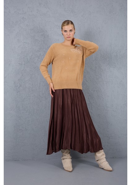 Kadın Bej Sakal Iplik Boncuk Nakışlı Bisiklet Yaka Triko Kazak indirimleri