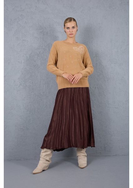 Kadın Bej Sakal Iplik Boncuk Nakışlı Bisiklet Yaka Triko Kazak