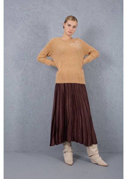 Kadın Bej Sakal Iplik Boncuk Nakışlı Bisiklet Yaka Triko Kazak