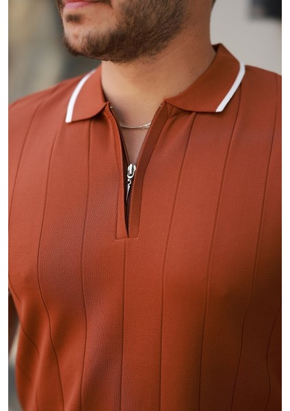 Erkek Fermuar Yakalı Çizgi Dokulu Kısa Kollu Tişört modelleri