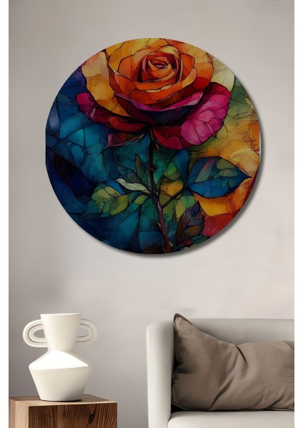 Renkli Gül Yağlı Boya Görünümlü Ahşap Dekoratif Tablo Yuvarlak Tablo