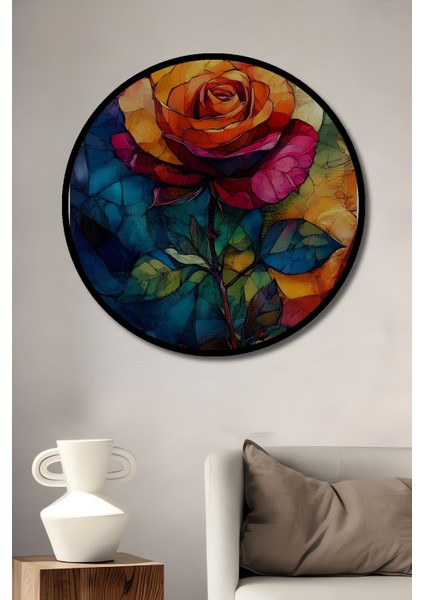 Renkli Gül Yağlı Boya Görünümlü Ahşap Dekoratif Tablo Yuvarlak Tablo fiyatları