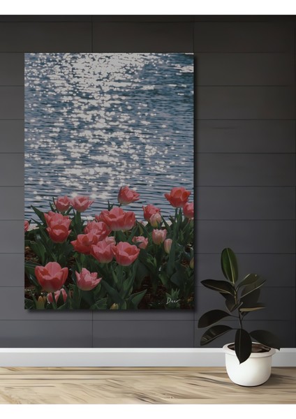 Pembe Lale Bahçesi Sulu Boya Görünümlü Ahşap Dekoratif Tablo Dikdörtgen Tablo