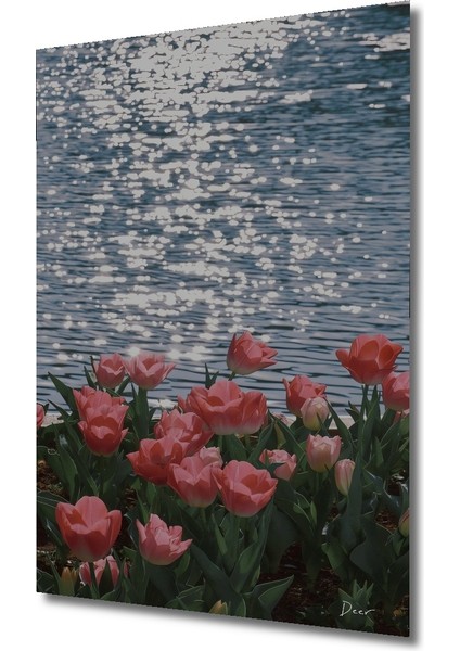 Pembe Lale Bahçesi Sulu Boya Görünümlü Ahşap Dekoratif Tablo Dikdörtgen Tablo modelleri