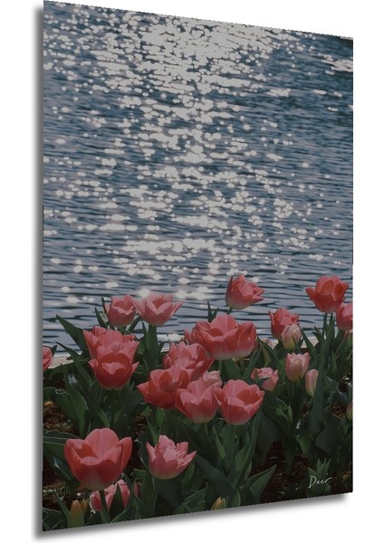 Pembe Lale Bahçesi Sulu Boya Görünümlü Ahşap Dekoratif Tablo Dikdörtgen Tablo fırsatları