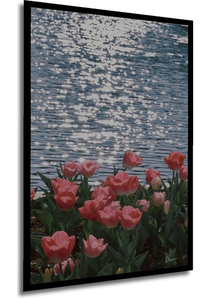 Pembe Lale Bahçesi Sulu Boya Görünümlü Ahşap Dekoratif Tablo Dikdörtgen Tablo