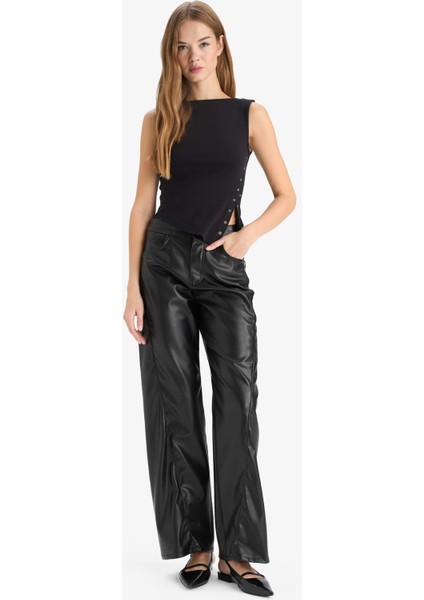 Wide Leg Fermuarlı Normal Bel Standart Boy Suni Deri Pantolon G1048AX25AU