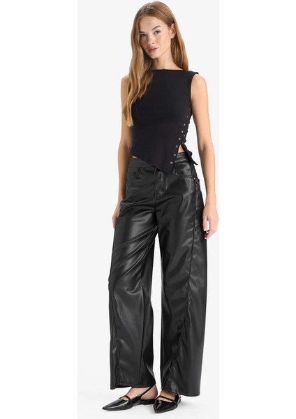 Wide Leg Fermuarlı Normal Bel Standart Boy Suni Deri Pantolon G1048AX25AU fiyatları