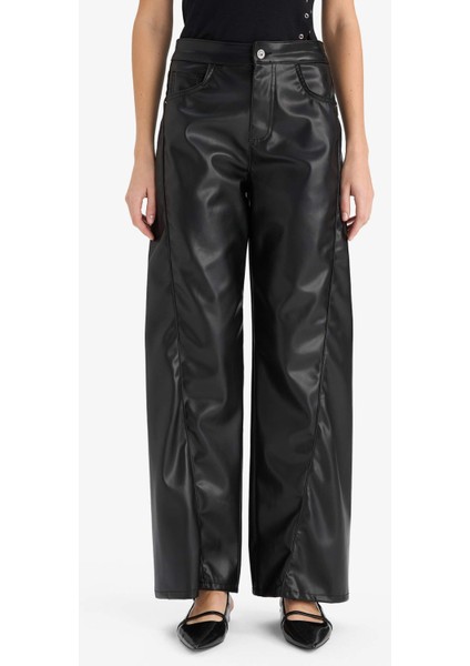 Wide Leg Fermuarlı Normal Bel Standart Boy Suni Deri Pantolon G1048AX25AU indirimleri