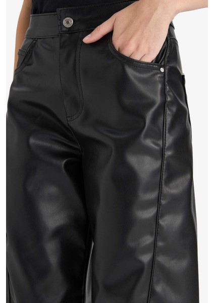 Wide Leg Fermuarlı Normal Bel Standart Boy Suni Deri Pantolon G1048AX25AU