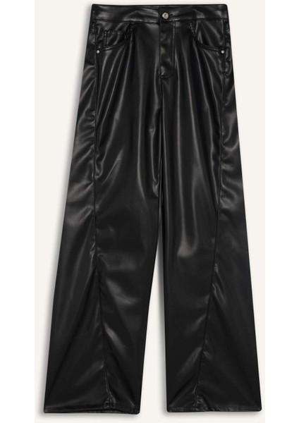 Wide Leg Fermuarlı Normal Bel Standart Boy Suni Deri Pantolon G1048AX25AU