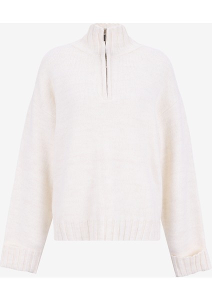 Fermuarlı Yaka Relaxed Düz Ekru Kazak Kadın M5WL-KZK1451