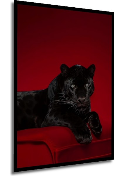 Görkemli Siyah Panter Yağlı Boya Görünümlü Ahşap Dekoratif Tablo Dikdörtgen Tablo