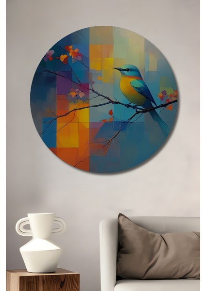 Canlı Renkler Kuş ve Soyut Desenli Yağlı Boya Görünümlü Ahşap Dekoratif Tablo Yuvarlak Tablo