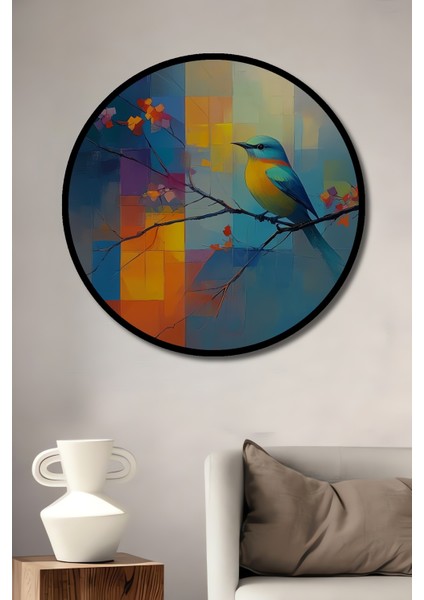 Canlı Renkler Kuş ve Soyut Desenli Yağlı Boya Görünümlü Ahşap Dekoratif Tablo Yuvarlak Tablo fiyatları