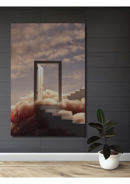 Gökyüzü Kapısı Bulutlara Yükselen Merdiven Sulu Boya Görünümlü Ahşap Tablo Dikdörtgen Tablo
