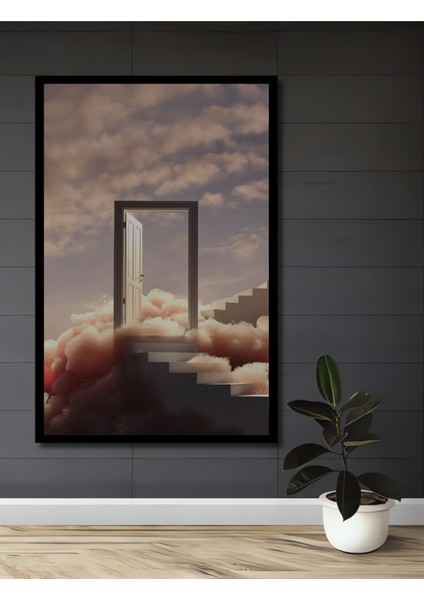 Gökyüzü Kapısı Bulutlara Yükselen Merdiven Sulu Boya Görünümlü Ahşap Tablo Dikdörtgen Tablo fiyatları