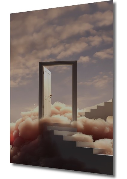 Gökyüzü Kapısı Bulutlara Yükselen Merdiven Sulu Boya Görünümlü Ahşap Tablo Dikdörtgen Tablo modelleri