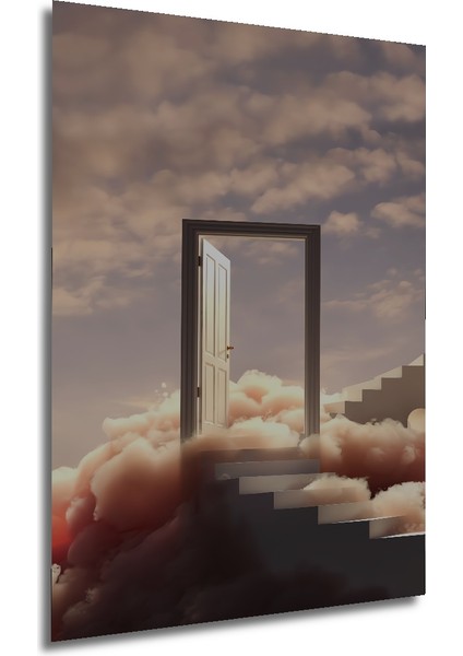 Gökyüzü Kapısı Bulutlara Yükselen Merdiven Sulu Boya Görünümlü Ahşap Tablo Dikdörtgen Tablo fırsatları
