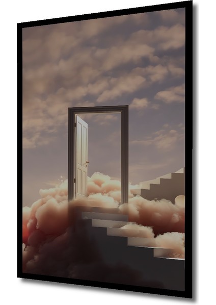 Gökyüzü Kapısı Bulutlara Yükselen Merdiven Sulu Boya Görünümlü Ahşap Tablo Dikdörtgen Tablo indirimleri