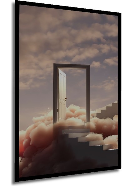 Gökyüzü Kapısı Bulutlara Yükselen Merdiven Sulu Boya Görünümlü Ahşap Tablo Dikdörtgen Tablo