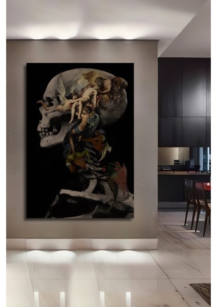 Kafa Iskeleti Üzerine Melek ve Şeytan Kompozisyonu Yağlı Boya Görünümlü Ahşap Tablo Dikdörtgen Tablo