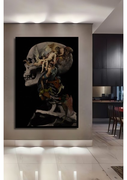 Kafa Iskeleti Üzerine Melek ve Şeytan Kompozisyonu Yağlı Boya Görünümlü Ahşap Tablo Dikdörtgen Tablo fiyatları