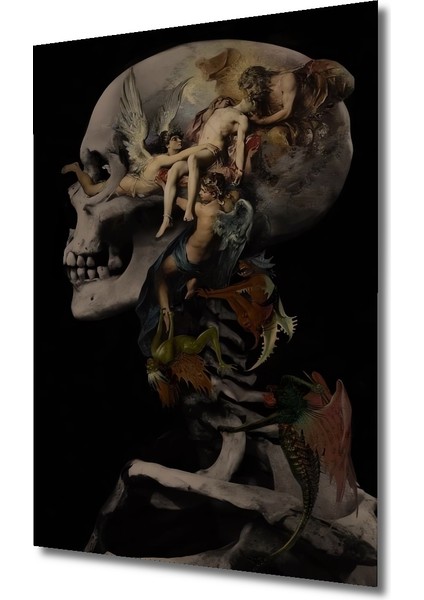 Kafa Iskeleti Üzerine Melek ve Şeytan Kompozisyonu Yağlı Boya Görünümlü Ahşap Tablo Dikdörtgen Tablo modelleri