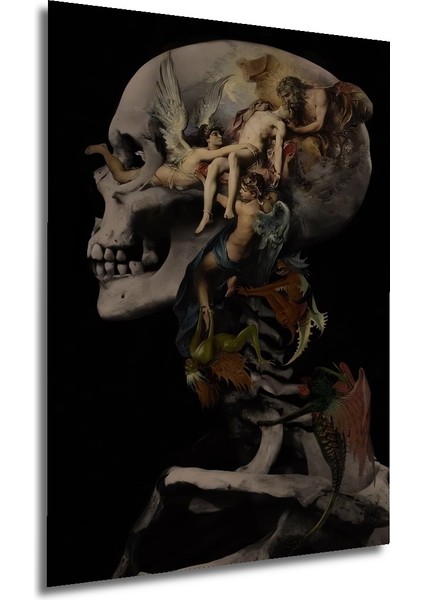 Kafa Iskeleti Üzerine Melek ve Şeytan Kompozisyonu Yağlı Boya Görünümlü Ahşap Tablo Dikdörtgen Tablo fırsatları
