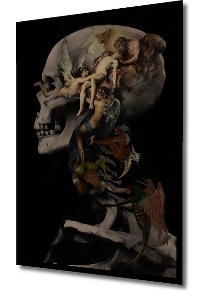 Kafa Iskeleti Üzerine Melek ve Şeytan Kompozisyonu Yağlı Boya Görünümlü Ahşap Tablo Dikdörtgen Tablo indirimleri