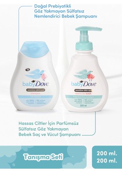 Tanışma Seti, Doğal Prebiyotikli Göz Yakmayan Sülfatsız Nemlendirici Bebek Saç Şampuanı 200 ml & Saç ve Vücut Şampaunı 200 ml