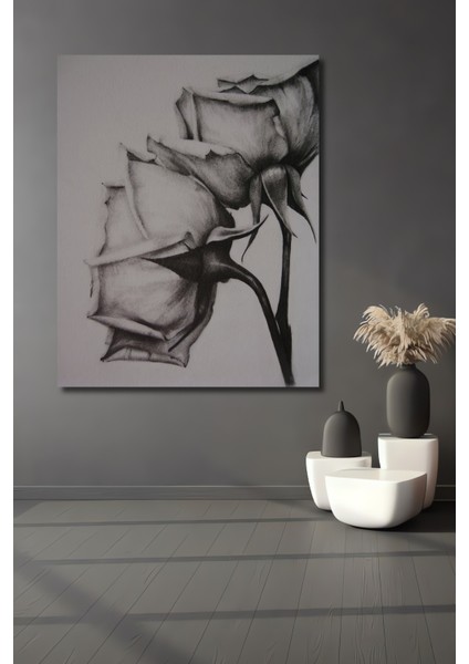 Kara Kalem Görünümlü Ahşap Dekoratif Tablo Zarif Gül Bahçesi Modern Sanat Dikdörtgen Tablo