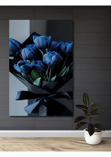 Mavi Lale Yağlı Boya Görünümlü Ahşap Dekoratif Tablo Sanat Eseri Dikdörtgen Tablo