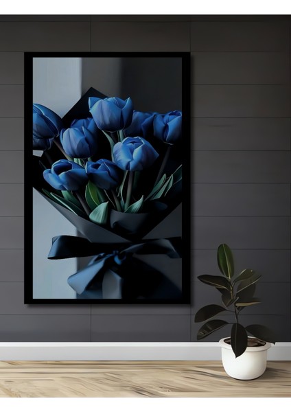 Mavi Lale Yağlı Boya Görünümlü Ahşap Dekoratif Tablo Sanat Eseri Dikdörtgen Tablo fiyatları
