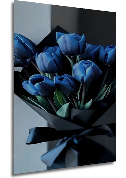 Mavi Lale Yağlı Boya Görünümlü Ahşap Dekoratif Tablo Sanat Eseri Dikdörtgen Tablo fırsatları