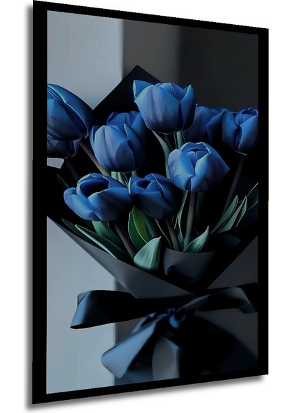 Mavi Lale Yağlı Boya Görünümlü Ahşap Dekoratif Tablo Sanat Eseri Dikdörtgen Tablo