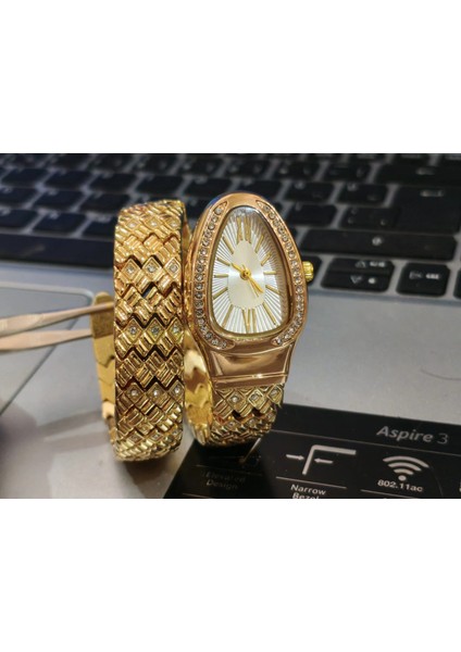 Altın Renk Taş Kaplama Beyaz Kadran Yılan Saat Dolamalı Saat