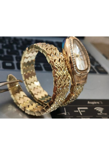 Altın Renk Taş Kaplama Beyaz Kadran Yılan Saat Dolamalı Saat modelleri