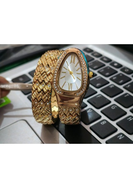 Altın Renk Taş Kaplama Beyaz Kadran Yılan Saat Dolamalı Saat fırsatları